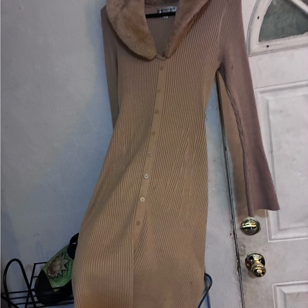Madden Girl Beige Ribbed Dress with Faux Fur Trim